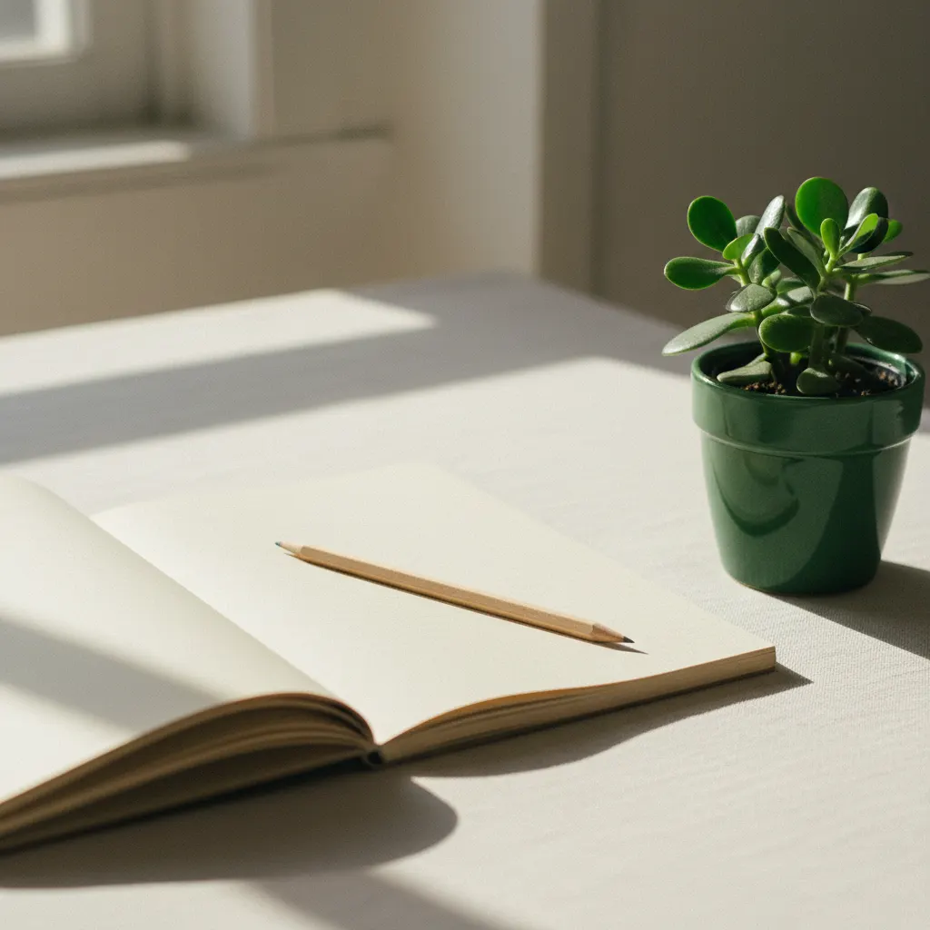 Rustige werkruimte met notitieboek, potlood en een groene plant op een licht houten bureau