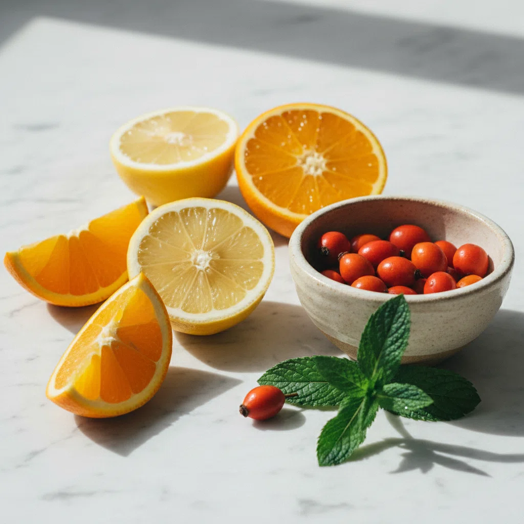 Verse citroenen en sinaasappels als bron van vitamine C op een licht marmeren oppervlak